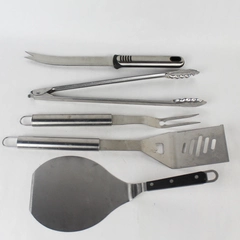 Lot of 5 BBQ Barbecue Utensils Tongs Fork Knife and 2 Spatulas Stainless Steel