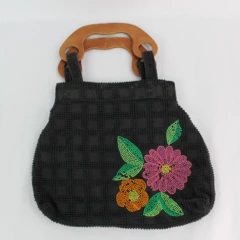 Vintage Black Beaded Flower Design Wooden Handles Women's Handbag Tote