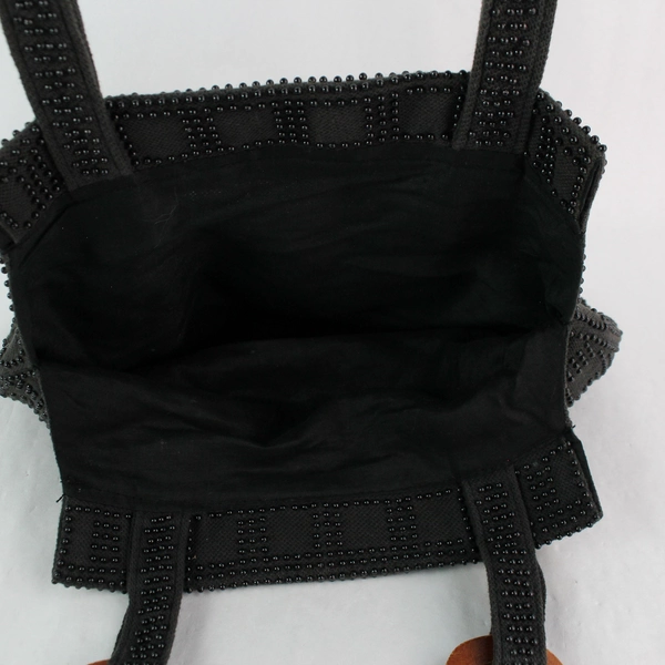 Vintage Black Beaded Flower Design Wooden Handles Women's Handbag Tote