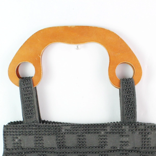 Vintage Black Beaded Flower Design Wooden Handles Women's Handbag Tote