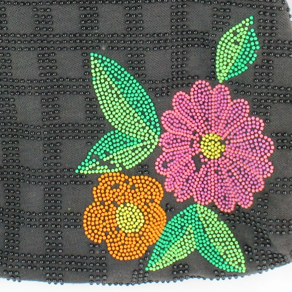 Vintage Black Beaded Flower Design Wooden Handles Women's Handbag Tote