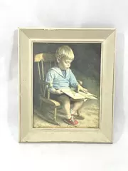 Vintage Framed Cardboard Print Gary by James Ingwersen Boy Reading Book
