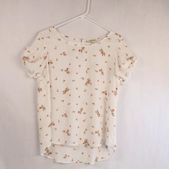 Lilly White Semi Sheer Floral Blouse Top Short Sleeve Pullover M Size