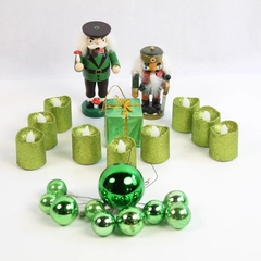 Lot of 22 Green Christmas Ornaments Nutcracker LED Candles Pre-owned