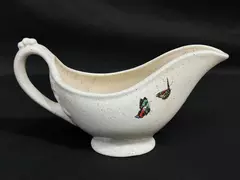 Ceramic Speckled Footed White Ceramic Gravy Boat With Butterflies