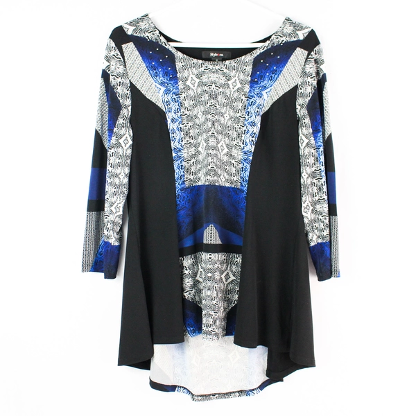 Style & Co. Black White and Blue Patterned Bedazzled Blouse Women's Size Medium