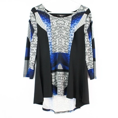 Style & Co. Black White and Blue Patterned Bedazzled Blouse Women's Size Medium