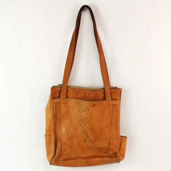 Brown Pattern Leather with Floral Fabric Lining Tote Bag Purse