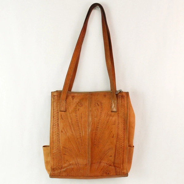 Brown Pattern Leather with Floral Fabric Lining Tote Bag Purse