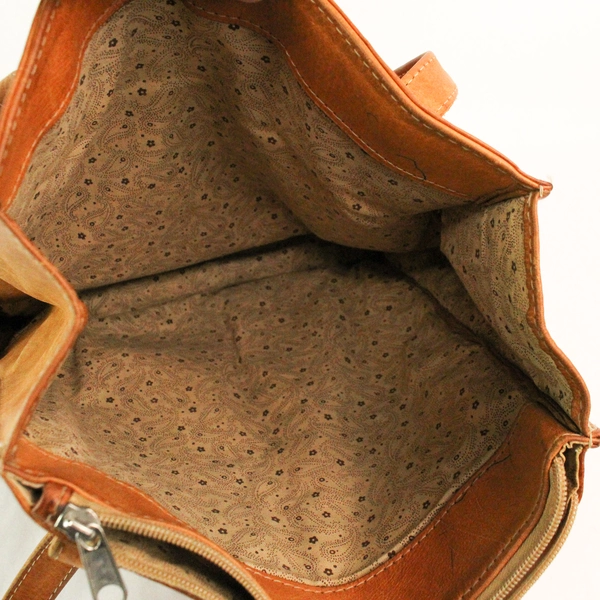 Brown Pattern Leather with Floral Fabric Lining Tote Bag Purse