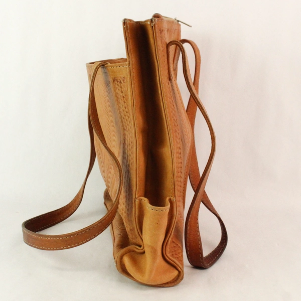 Brown Pattern Leather with Floral Fabric Lining Tote Bag Purse