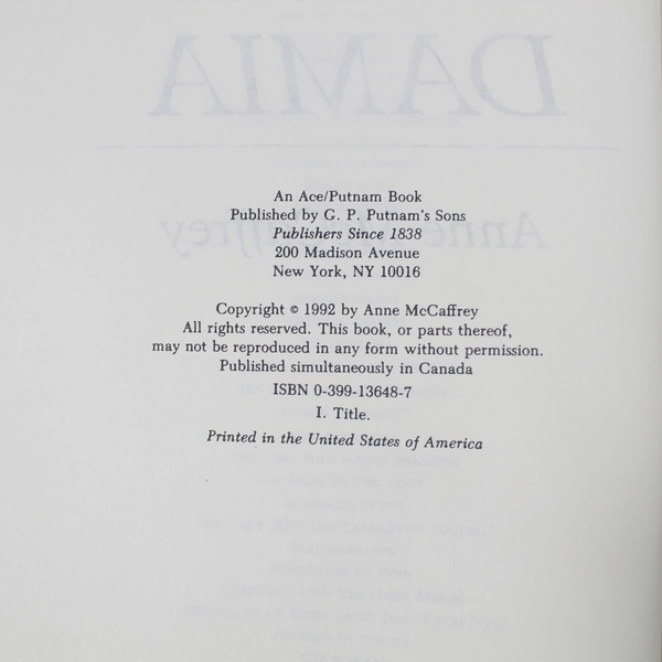 Damia by Anne McCaffrey 1992 Vintage Hardcover Book G P Putnam's Sons