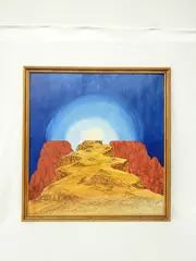 B Kotch Framed Acrylic Painting Sun Mountains Blue White Yellow Orange 29 X 27
