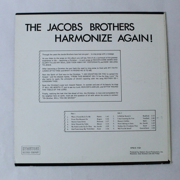 The Jacobs Brothers Harmonize Again Vinyl LP - Hymntone Records - Used