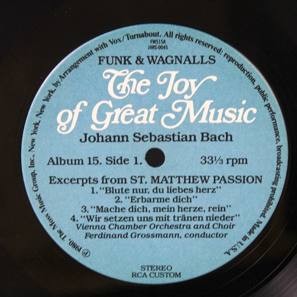 Johann Sebastian Bach The Joy Of Great Music St. Matthew Passion 1980 LP FW-515