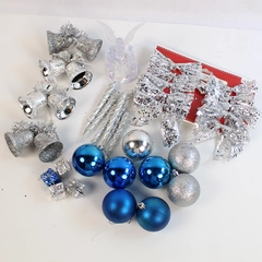 Lot of Silver & Blue Christmas Ornaments Bells Bows Angel & Icicles