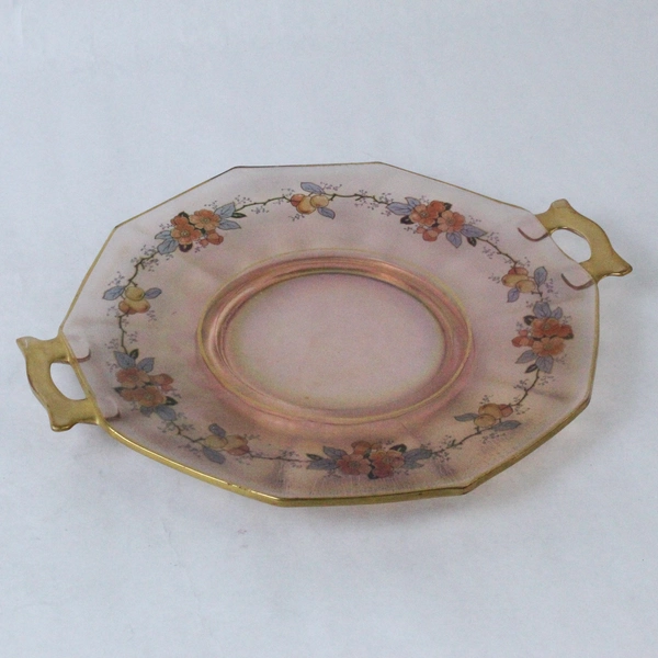 Vintage Iridescent Pink Handled Glass Platter With Fruits And Flowers