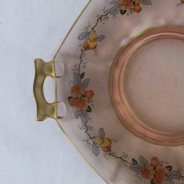 Vintage Iridescent Pink Handled Glass Platter With Fruits And Flowers