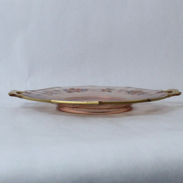 Vintage Iridescent Pink Handled Glass Platter With Fruits And Flowers
