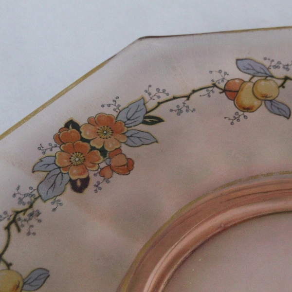 Vintage Iridescent Pink Handled Glass Platter With Fruits And Flowers
