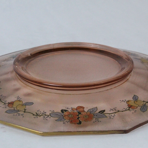 Vintage Iridescent Pink Handled Glass Platter With Fruits And Flowers
