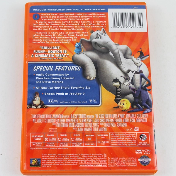 Horton Hears a Who DVD 2009 Dr Seuss Jim Carrey Steve Carell Pre-Owned