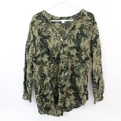 Old Navy Women's 1/4 Button Up Pullover Top Size XL Cotton Green Leaves Print
