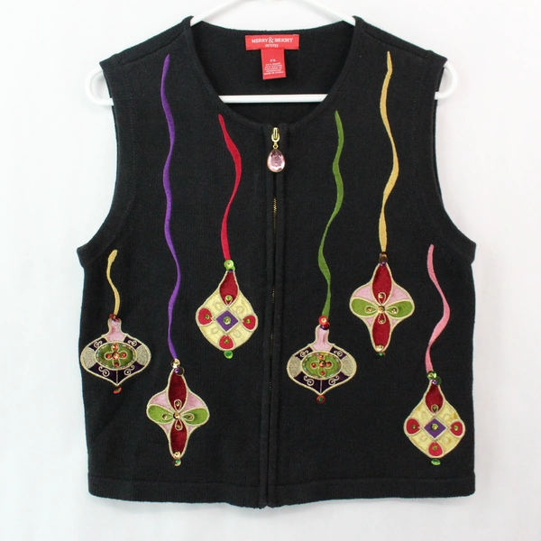 Merry & Bright Embroidered Sequin Full Zip Christmas Vest Women's Petite Small