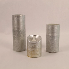 Lot of 3 Gray Silver Glitter LED Flameless Battery Operated Pillar Candles
