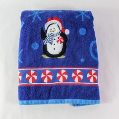 Holiday At Home Plush Blue Christmas Bath Towel Embroidered Penguin Cotton