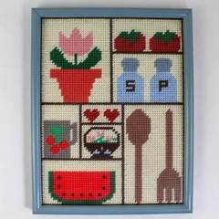 Handmade Cross Stitch Framed Picture Kitchen Theme Salt Pepper Tomatoes Utensils