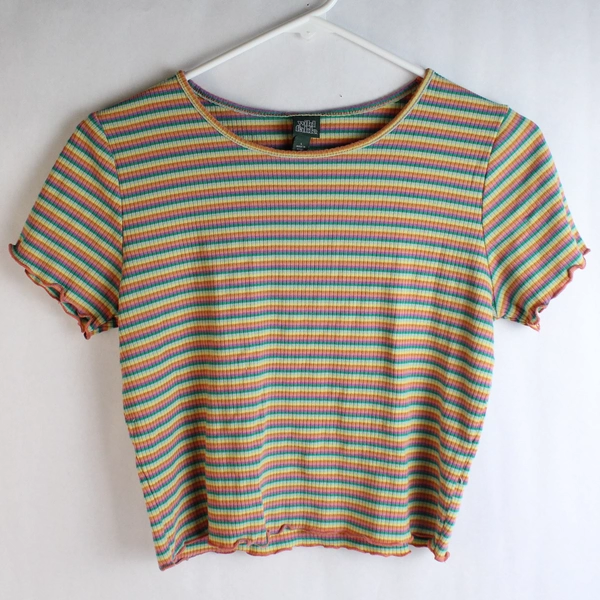 Wild Fable Women's Large V Neck Rainbow Striped Short Sleeve Lettuce Edge Top