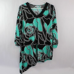 Susan Graver Top Shirt Women's Size L Green Black Asymmetrical Hem 3/4 Sleeves