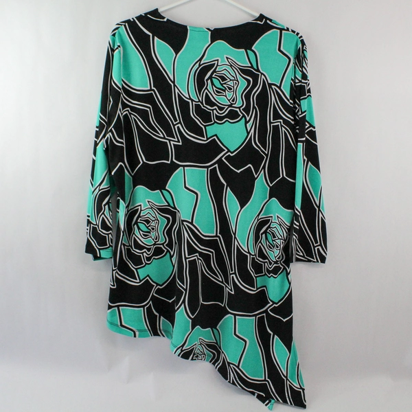 Susan Graver Top Shirt Women's Size L Green Black Asymmetrical Hem 3/4 Sleeves