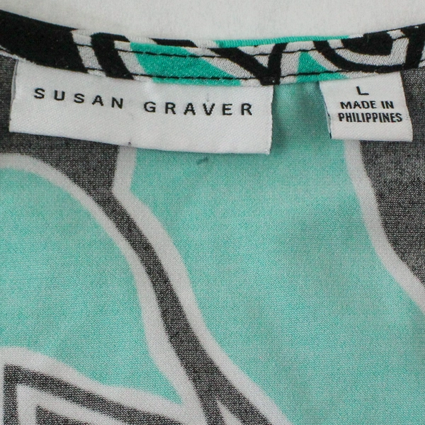Susan Graver Top Shirt Women's Size L Green Black Asymmetrical Hem 3/4 Sleeves