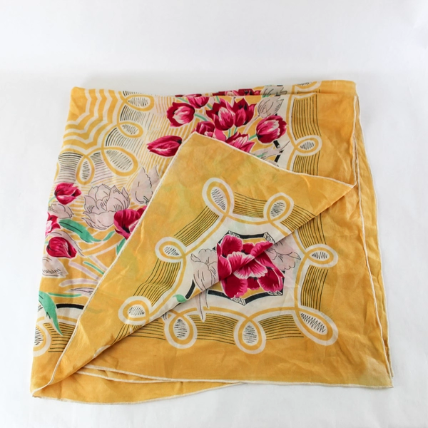 Vintage Floral Semi Sheer Scarf Wrap Shawl Yellow Beige Red Tulips 32"
