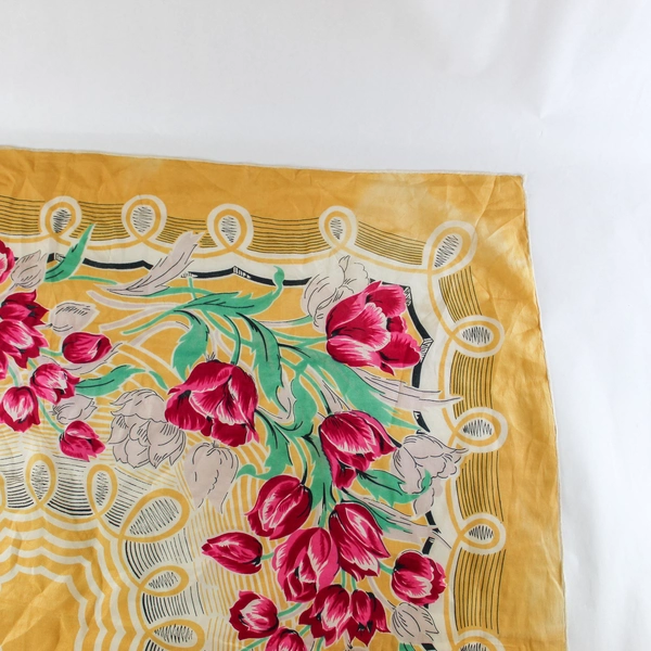 Vintage Floral Semi Sheer Scarf Wrap Shawl Yellow Beige Red Tulips 32"