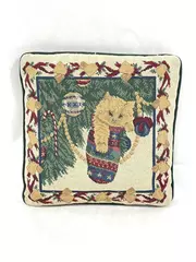 Christmas Cat in Stocking Tapestry Pillow 11.5" Pre-Owned with Stains