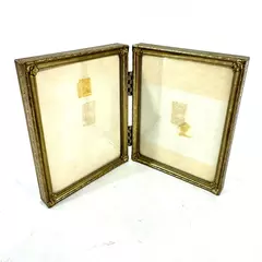 Gold Brass Toned Ornate Bi Fold Dual Photo Frame Holds 2 Pictures 4 x 3 Inch