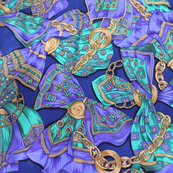 Vintage Morgan Taylor Silk Scarf Royal Blue Green Tan Paisley Chains Bows
