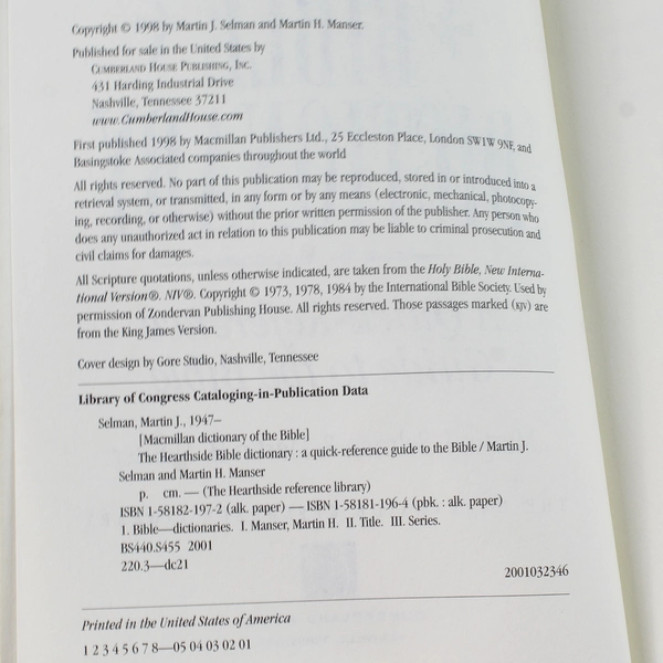 The Hearthside Bible Dictionary by Martin Manser & J. Selman 1998 Paperback