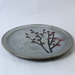Handmade Art Pottery Platter Gray With Stems Of Red Buds Or Berries 12 Inch 