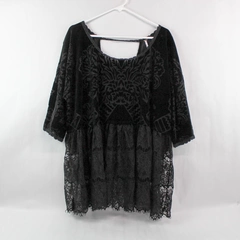 Free People Top Blouse Women's Size S/P 3/4 Sleeves Black Floral Lace Accent