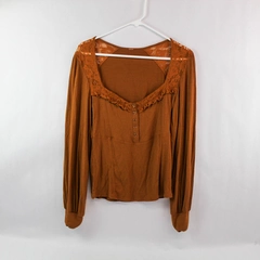 Free People Top Blouse Women's Size S/P Long Sleeves Brown Floral Lace Accent