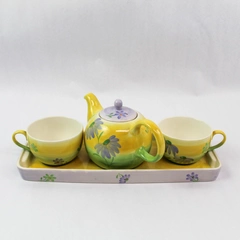 Herman Dodge & Son Hand Painted 4 Piece Teapot Set 2 Cups 1 Carrying Tray Spring