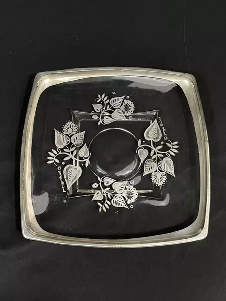 Vintage Georges Briard Silver Damask Floral Glass Tray 8.75" Square