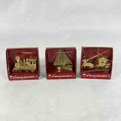 Lot of 3 Vintage 3D Brass Ornaments By Regent Products Sailboat Train Carriage
