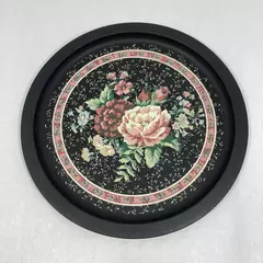 Vintage Black Tin Serving Tray with Pink & Red Flower Design 12" Diameter