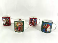 Set Of 4 Vintage Old World Christmas Stoneware Santa Mugs No 80559