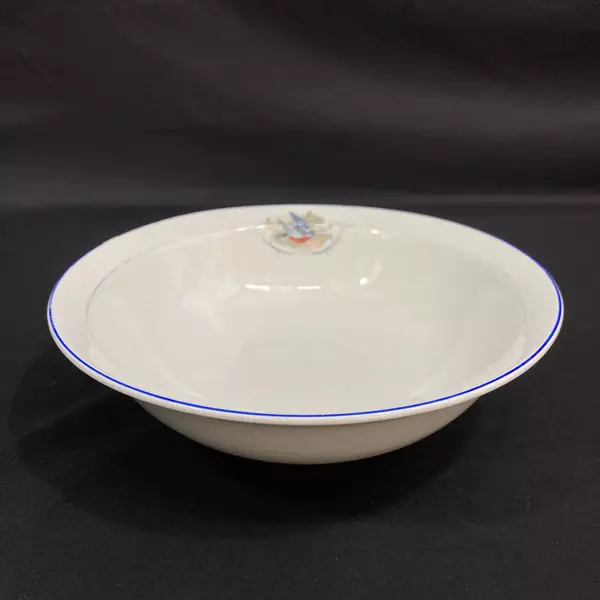 Vintage W.S. George Derwood Bowl 10" Blue Rim Robin Bird Crazing Paint Wear